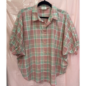 Women's BIBI Pink Green Plaid Button Down Shirt